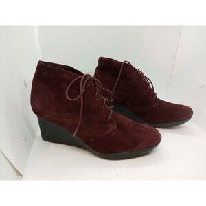 CLARKS Ankle Boots Womens 7.5W Burgundy Suede Wedge Heel Round Toe Lace Up